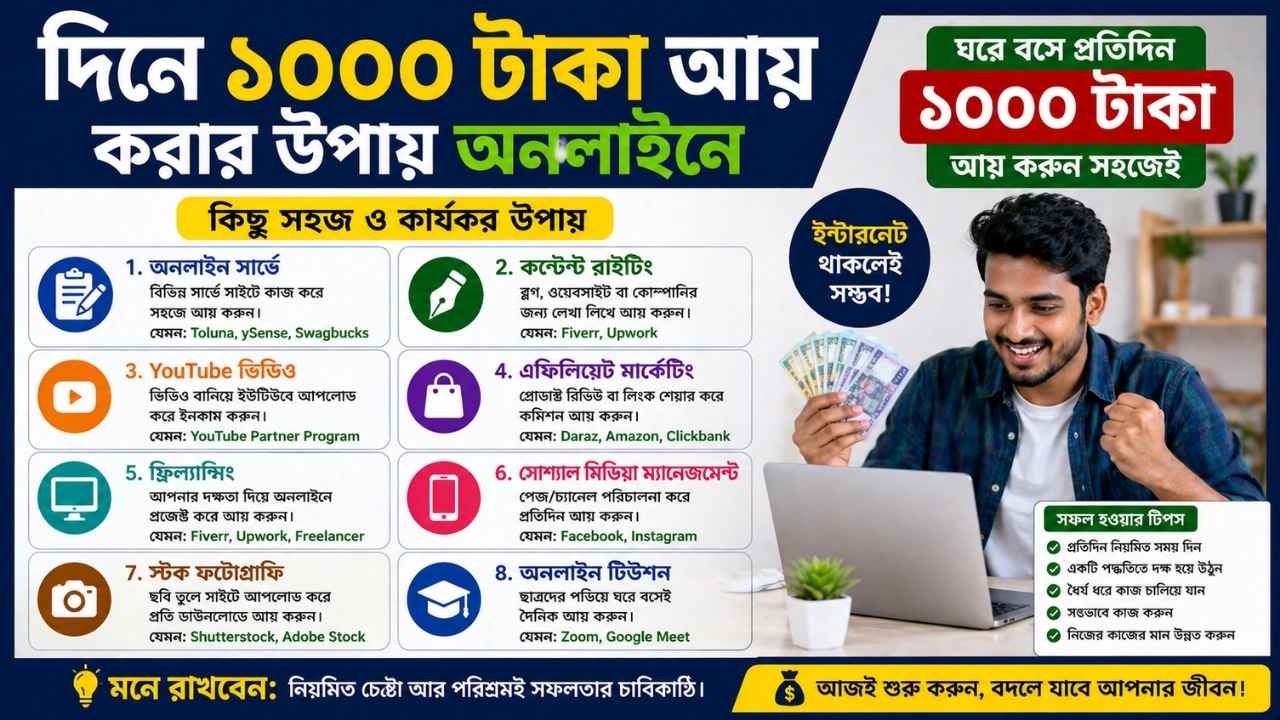 দিনে ১০০০ টাকা আয় করার উপায় অনলাইনে